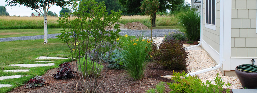 Tree and shrub plantings decorate the exterior landscaping of this Vermont home.