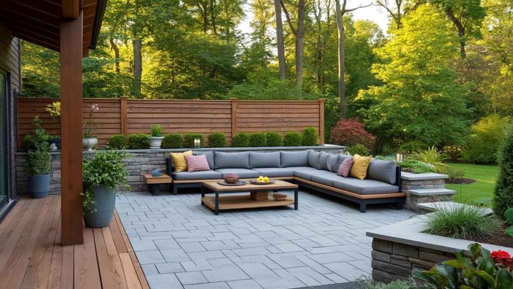 An outdoor patio with a seating area, a coffee table, and a wooden fence.