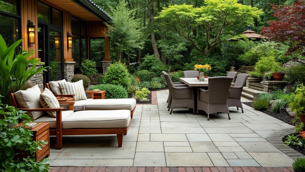 An outdoor patio with a dining table, chairs, and lounge chairs.