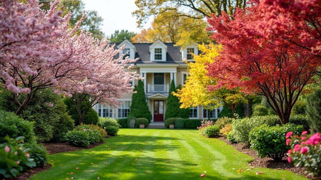 Well-maintained landscape with a variety of trees and shrubs in full bloom