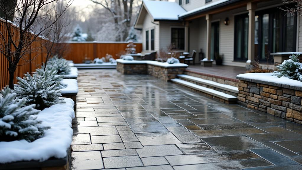 A patio covered in snow, showcasing the durability and resilience of weather-resistant materials.







