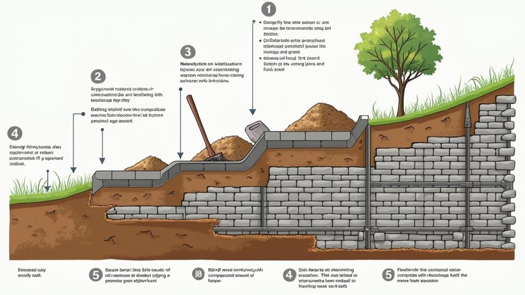 A diagram illustrating the construction of a retaining wall.