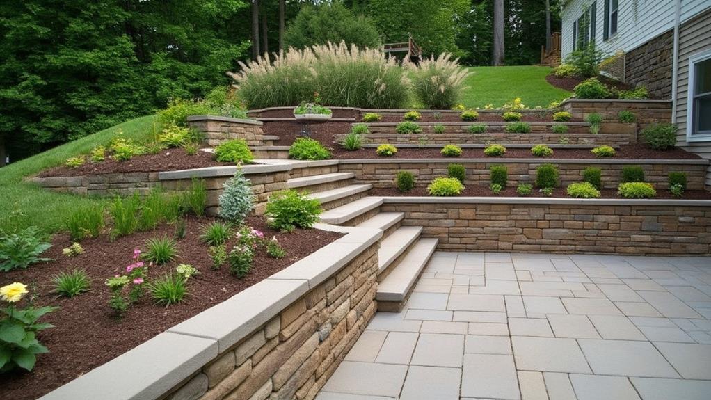 A terraced garden with stone retaining walls and lush greenery.