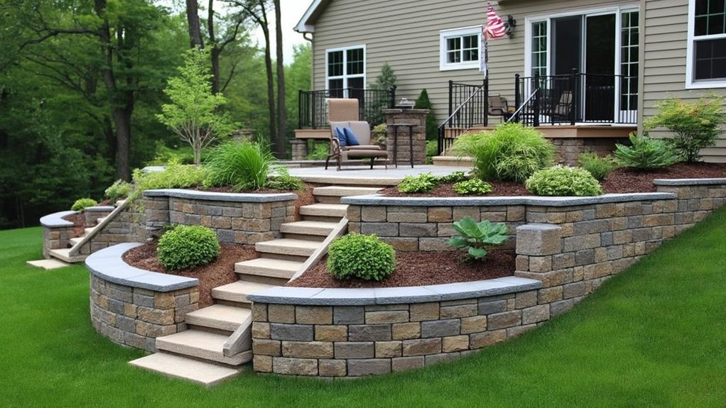 A landscaped backyard with retaining walls and a patio.