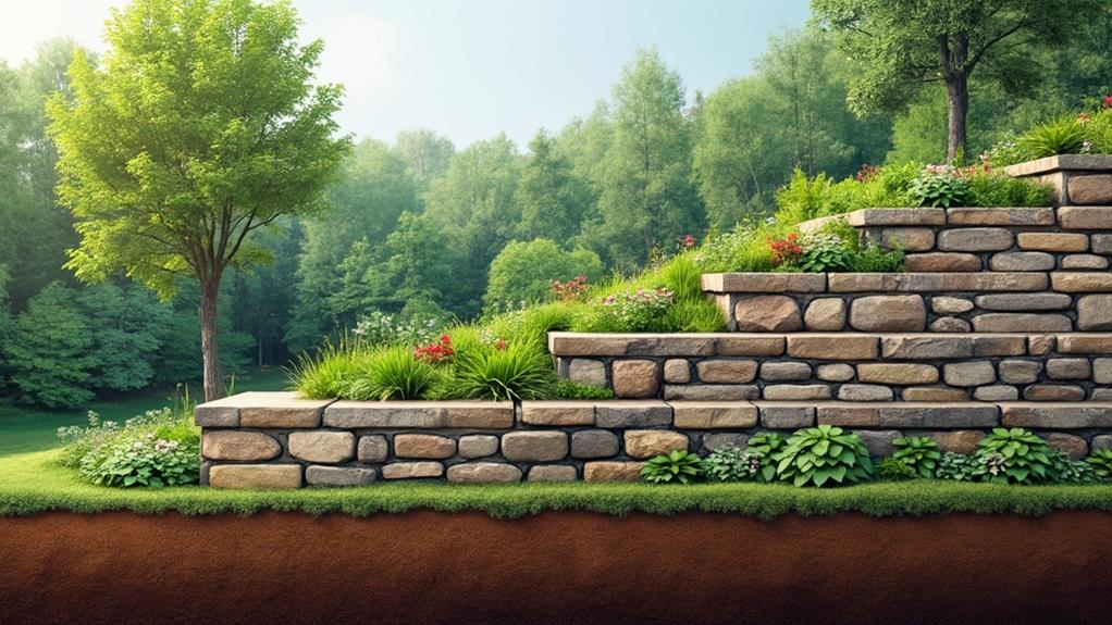 A stone retaining wall in a landscaped garden.